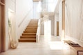 Wooden staircase and marble floor in minimalist interior design of modern entrance hall with door. Created with generative AI Royalty Free Stock Photo
