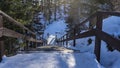 A wooden staircase with a railing descends from a snow-covered hill. Royalty Free Stock Photo