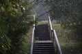 Wooden staircase during rainstorm