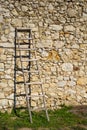 A wooden staircase standing on the grass and leaning against a wall of stones