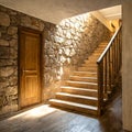 Wooden staircase and stone cladding wall in rustic hallway. Cozy home interior design of modern entrance hall with door Royalty Free Stock Photo