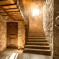Wooden staircase and stone cladding wall in rustic hallway. Cozy home interior design of modern entrance hall with door Royalty Free Stock Photo