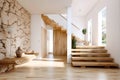 Wooden staircase and stone cladding wall in rustic hallway. Cozy home interior design of modern entrance hall with door. Created Royalty Free Stock Photo