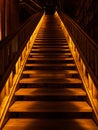 Wooden stairs, climb up to the darkness a lonely-looking path, fearful that there will be some mysterious thing under the shadows