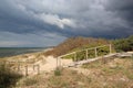 Wooden Stairs In Dunes And Forest Near The Baltic Sea Sand Beach / Scary frightening storm clouds