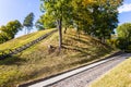 Wooden stairs going up to the historical mound of Veliuona, Lithuania Royalty Free Stock Photo