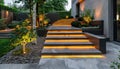 Wooden stairs illuminated by fixtures lead up to the building Royalty Free Stock Photo