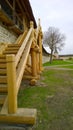 Wooden stairs near ancient stone wall and tower of Kremlin Pskov, Russia. Old history fortress. Tourist attractions. Russian trave