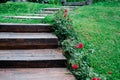 Wooden stairs stairstep staircase in garden