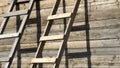 Wooden stairs standing near the wall of a wooden house