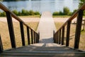 Wooden stairs to acces river coast in Vichy city France