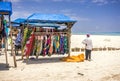 Wooden stall with colorful fabrics on Diani beach eascape, Kenya