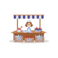 Wooden Stall with Freshness Seafood, Saleswoman Selling Fish Outdoors Vector Illustration