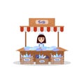 Wooden Stall with Freshness Seafood, Young Woman Selling Fresh Fish Vector Illustration