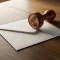 Wooden stamp placed on white envelope on a wooden surface Royalty Free Stock Photo
