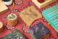 Wooden stamps for medieval ink printing on fabric and vintage clothing. Reconstruction of the events of the Middle Ages in Europe Royalty Free Stock Photo