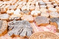 Wooden stamps printing blocks hand carved by artisans on the street market in Jaisalmer, India.