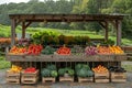 A wooden stand filled to the brim with an assortment of fresh fruits and vegetables ready for purchase Royalty Free Stock Photo