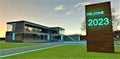 Wooden stand with text welcome 2023 on the enterance to the elite villa illuminated in turquoise. Good baner for real estate