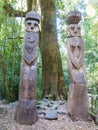 Wooden statue, in the middle of the Huilo Huilo Biological Reserve, regressing animals and Mapuche mystical characters from Royalty Free Stock Photo