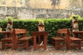 Wooden statues in restaurant of castle Kost