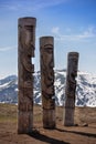 Wooden statues on the Vilyuchinsky pass in June, Kamchatka Peninsula, Russia