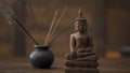 Wooden statuette of Buddha incense sticks at workplace. Abstract picture of a modern office in oriental style, selective