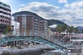 Wooden and steel made gateway called the Orandasaka Bridge crossing a channel at Nagasaki Civic Hall.