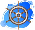 Wooden steering wheel for ship on white background. Rudder for boat control. Adventure sea trip