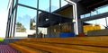 Wooden steps of the cozy rest. Glass reflective facade. Comfortable place for family relax. 3d rendering