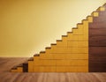 Wooden steps from wooden cubes with down arrow on yellow background