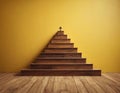 Wooden steps from wooden cubes with down arrow on yellow background