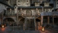 Wooden steps leading to a doorway in the courtyard of a medieval castle. 3D illustration