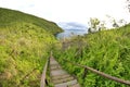 Wooden steps leading to a scenic lookout in the Galapagos