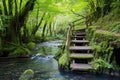 wooden steps leading to a secluded hot spring