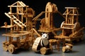 Wooden stick engineering construction with a panda a children\'s toy for building and playing.