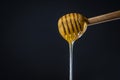 Wooden stick for honey with drop honey. Thick honey dripping and flowing down from the honey spoon on black background, close up Royalty Free Stock Photo