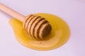 Wooden stick for honey lies in a drop of honey on a white background. Royalty Free Stock Photo
