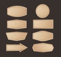 Wooden stickers label collection. Set of various shapes wood sign boards for sale price and discount stickers, banners, Royalty Free Stock Photo