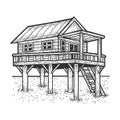 Wooden stilt house above the water sketch vector