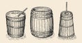 Wooden storage barrel, churn, bucket in sketch style. Farm production set. Hand drawn vintage vector illustration Royalty Free Stock Photo