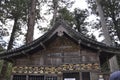 Storehouse facade with famous Monkeys carving from Toshogu Shrine Temple in Nikko National Park of Japan Royalty Free Stock Photo