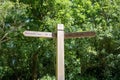 wooden street sign In front of stunning bright green trees, Forty Hall, UK