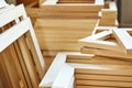 Wooden stretcher bar frames. Subframes for gallery wrapped canvas. Selective focus