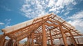 Construction of an Open Wooden Structure Under a Bright Blue Sky With Scattered Clouds and Visible Framework During Royalty Free Stock Photo