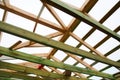 The wooden structure of the building. Wooden frame building. Wooden roof construction. photo for home. house building. Royalty Free Stock Photo