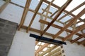 The wooden structure of the building. Wooden roof frame building. TFB system comprises thermo blocks filled with concrete.