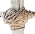Wooden structure with a thick rope closeup isolated on whote background