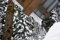 Wooden structure in the winter forest. Icicles on the roof. They ate in the snow. Royalty Free Stock Photo