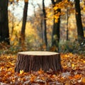 Wooden stump in the autumn forest with blurred background. 3D Rendering Royalty Free Stock Photo
